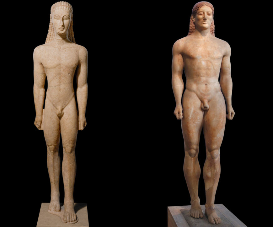 Left: New York Kouros, c. 600–580 B.C.E., marble, 6 feet 4 inches high (The Metropolitan Museum of Art, New York); right: Anavysos Kouros, c. 530 B.C.E., marble, 6 feet 4 inches high (National Archaeological Museum, Athens; photo: Steven Zucker, CC BY-NC-SA 2.0)