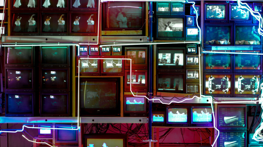 Oklahoma (detail), Nam June Paik, Electronic Superhighway: Continental U.S., Alaska, Hawaii, 1995, fifty-one channel video installation (including one closed-circuit television feed), custom electronics, neon lighting, steel and wood; color, sound, approx. 15 x 40 x 4 feet (Smithsonian American Art Museum, Washington, D.C.; photo: Steven Zucker, CC BY-NC-SA 2.0) © Nam June Paik Estate