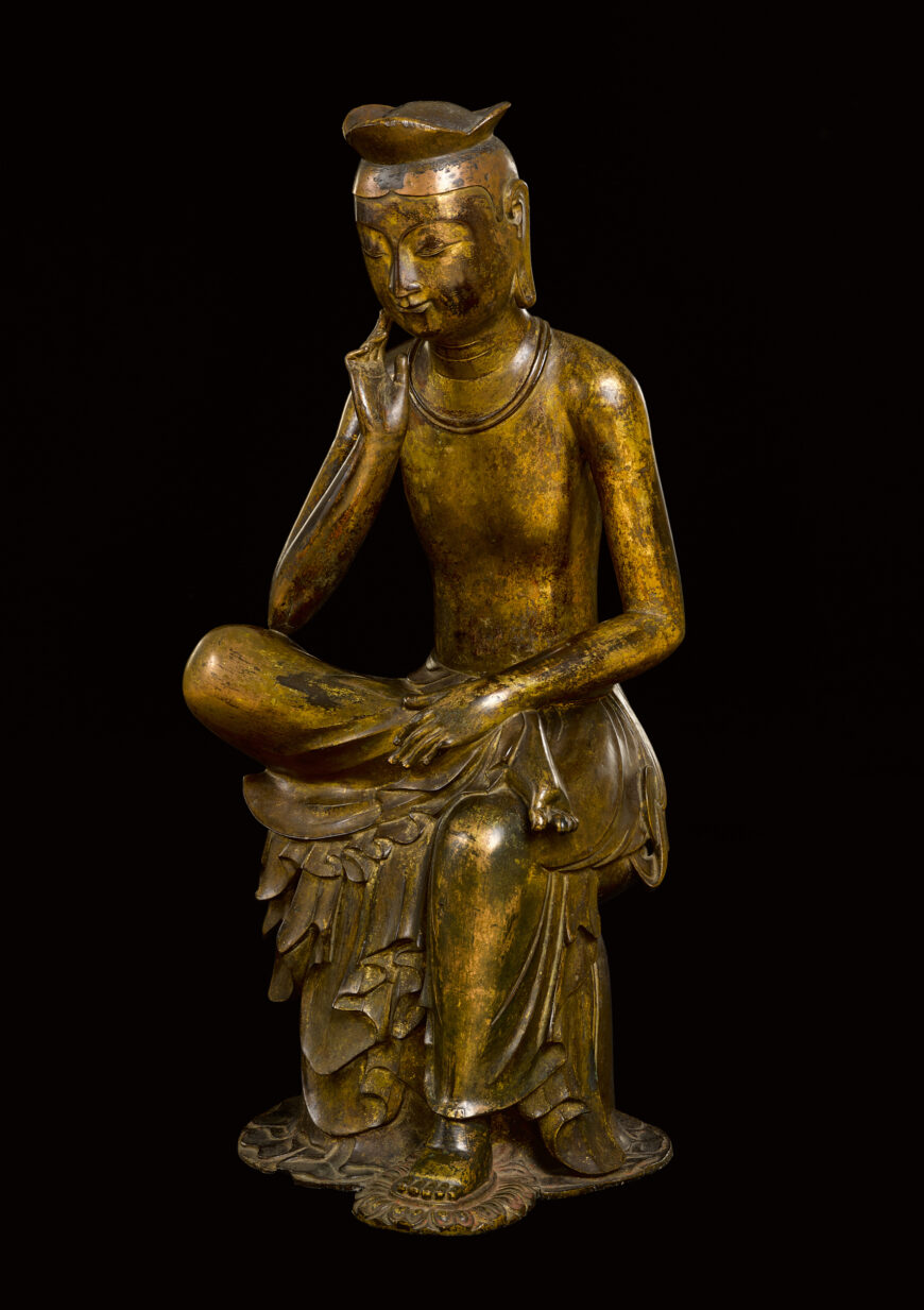 Pensive Bodhisattva (National Treasure #83), early 7th century (Three Kingdoms Period), gilt-bronze, 93.5 cm high (National Museum of Korea, Seoul)
