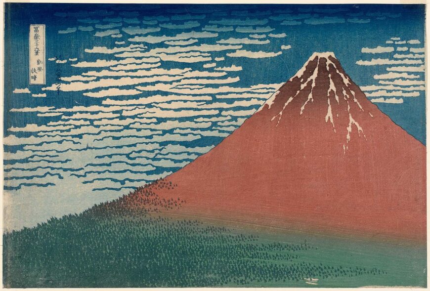 Katsushika Hokusai, Fine Wind, Clear Weather, also known as Red Fuju, from the series Thirty-six Views of Mount Fuji, c. 1830–31, woodblock print, ink and color on paper, 24.4 x 38.1 cm (Museum of Fine Arts, Boston)
