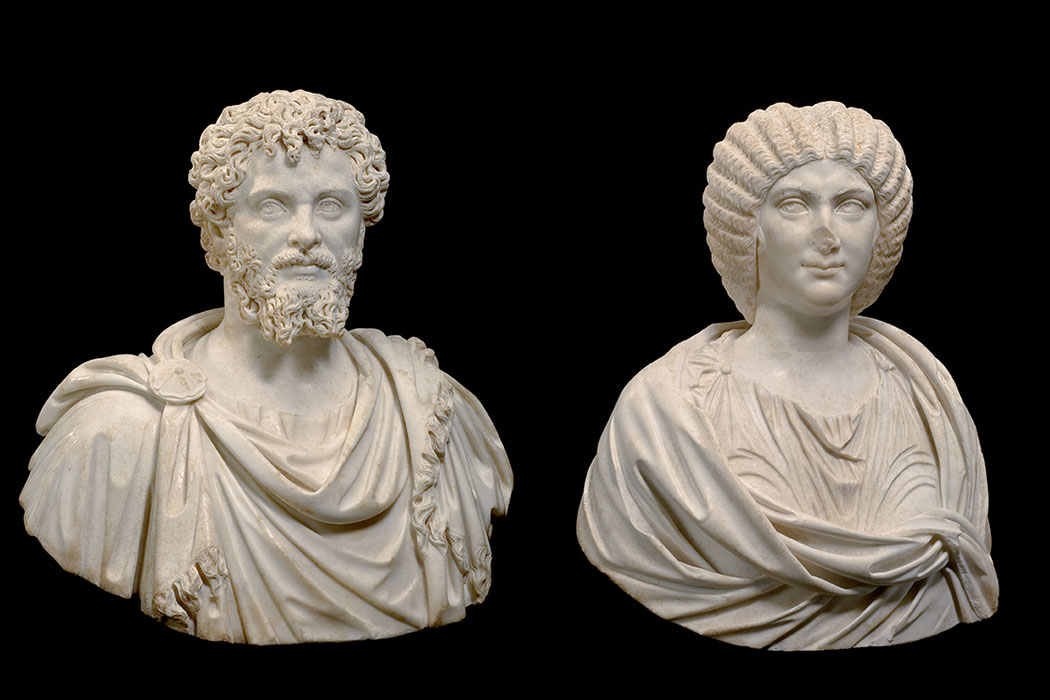 Recent tests have found pigments proving that the portraits were colorfully painted. Acquired in 1975, these portraits do not have a documented findspot. Portrait busts of Septimius Severus and Julia Domna, c. 200–210 C.E., marble (Sidney and Lois Eskenazi Museum of Art, Indiana University, Bloomington)