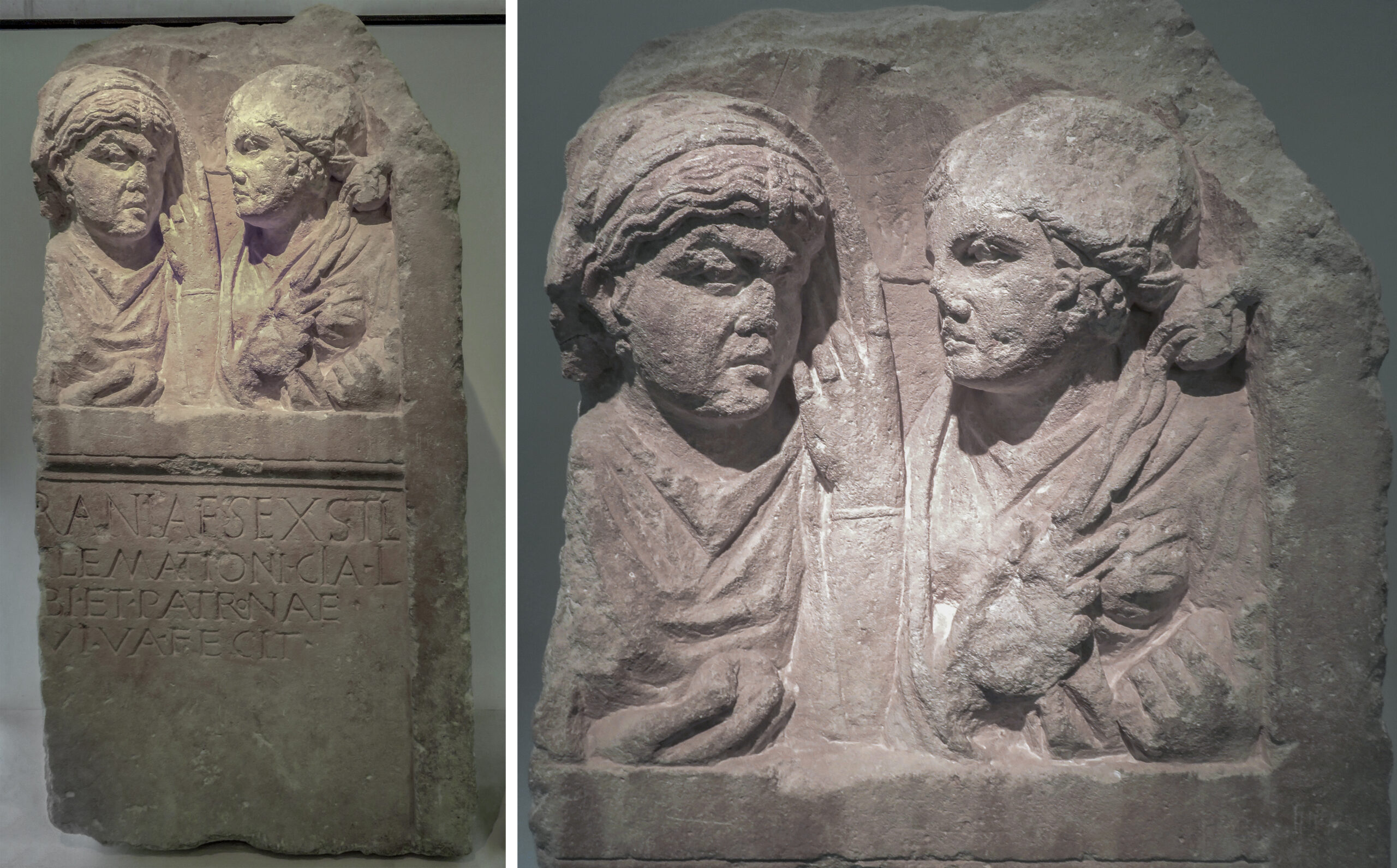 Tombstone depicting two freed (formerly enslaved) women named Turrania Philematio and Chia, who gaze at each other, c. 50 C.E., painted limestone, 117 x 53 x 39 cm (Musée Départemental Arles Antique; photos: Dr. Kimberly Cassibry, CC BY-NC-SA 4.0). Found reused in 1810 during the demolition of the Arc de l'Archevêché at Arles, France