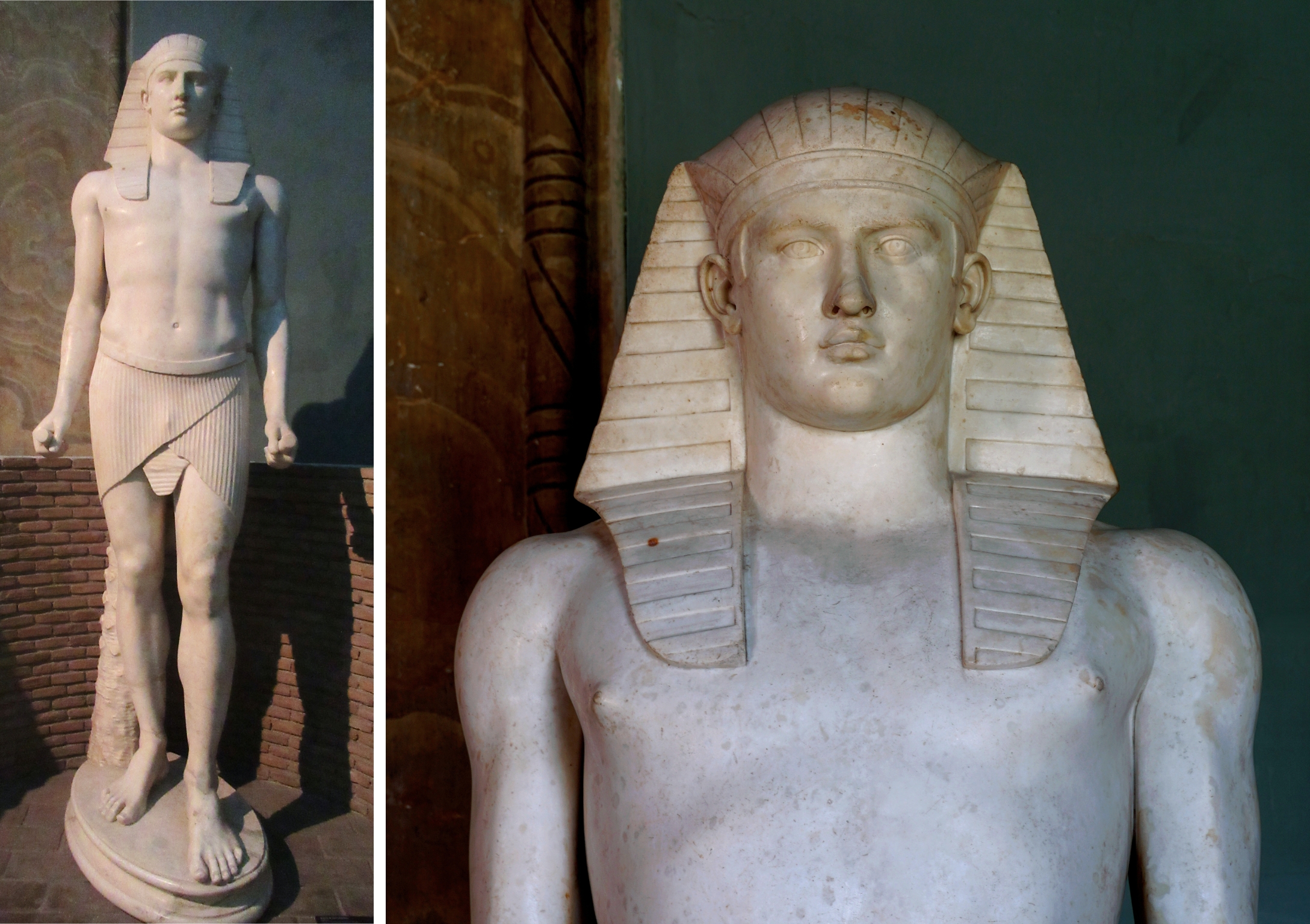 Statue of Osiris-Antinous, from Hadrian's Villa at Tivoli, c. 135 C.E., Parian marble, 241 x 77 x 79 cm (Vatican Museums; left photo: Damien Tournay, CC BY-SA 2.0; right photo: Slices of Light, CC BY-NC-ND 2.0)