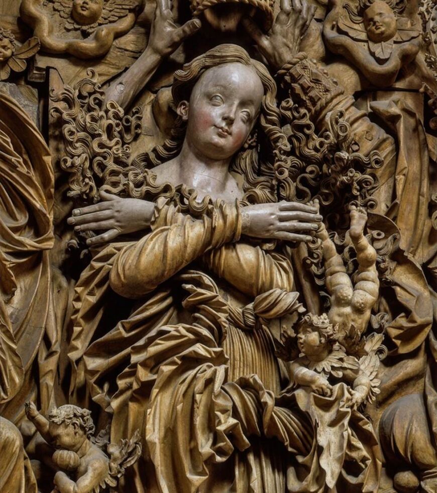Mary (detail), center panel with the Coronation of the Virgin, Master H.L., The Breisach Altarpiece, c. 1523–26, limewood (Saint Stephan's Cathedral, Breisach)