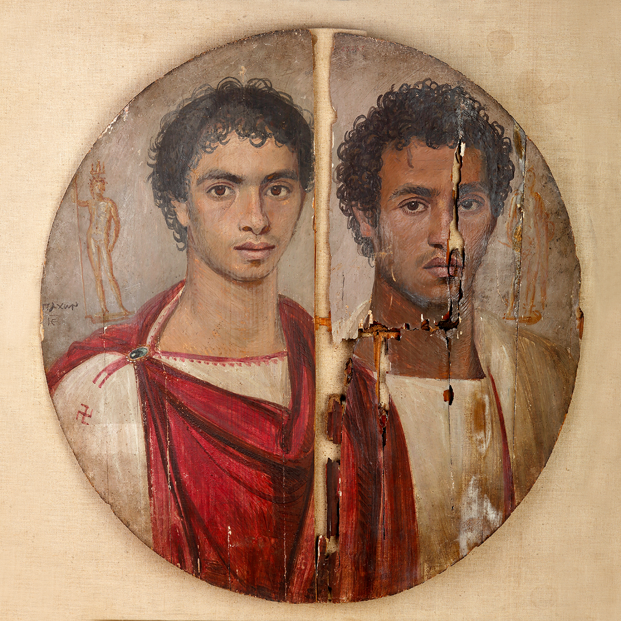 Tondo of Two Brothers, c. 140 C.E., encaustic paint on wood, 61 cm diameter (Egyptian Museum, Cairo). Excavated in 1898–99 at Antinoöpolis, Egypt