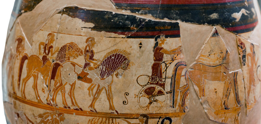 Chariot and horse riders with hare hunt below (detail), The Chigi Painter, The Chigi Vase, c. 640 B.C.E., ceramic (Villa Giulia, Rome; photo: ArchaiOptix, CC BY-SA 4.0)