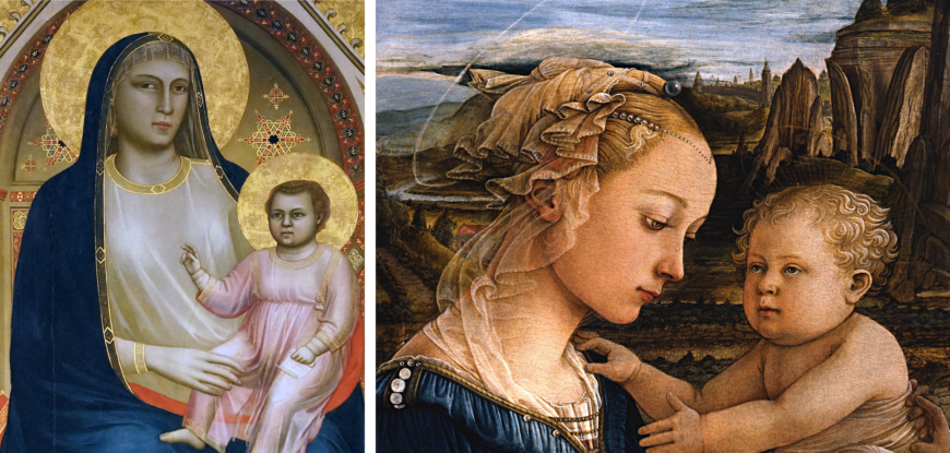 Left: Virgin Mary and Christ child (detail), Giotto, Virgin and Child enthroned, surrounded by angels and saints (Ognissanti Maestà), 1306–10, tempera on panel, 325 x 204 cm (Galleria degli Uffizi, Florence; photo: Steven Zucker, CC BY-NC-SA 2.0); right: Virgin Mary and Christ child (detail), Fra Filippo Lippi, Madonna and Child with Two Angels, c. 1460–65, tempera on panel, 95 x 63.5 cm (Galleria degli Uffizi, Florence)