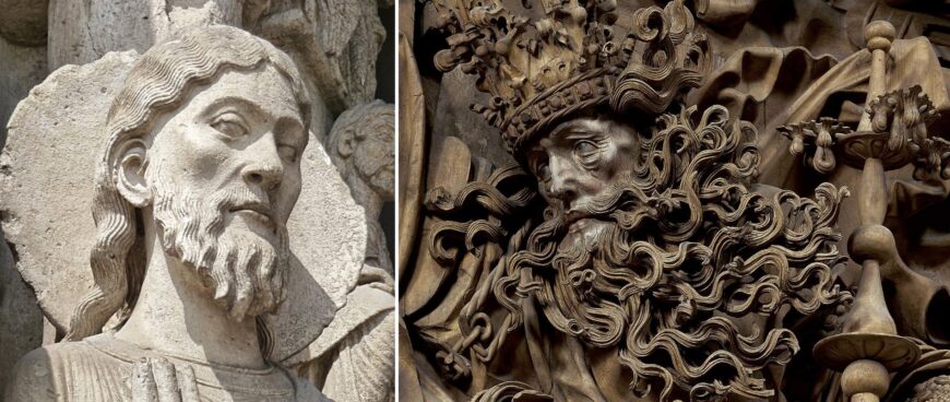 Left: jamb figure (detail), west portal, Notre Dame de Chartres, 12th century; right: God the Father (detail), Master H.L., The Breisach Altarpiece, c. 1523–26, limewood (Saint Stephan's Cathedral, Breisach)
