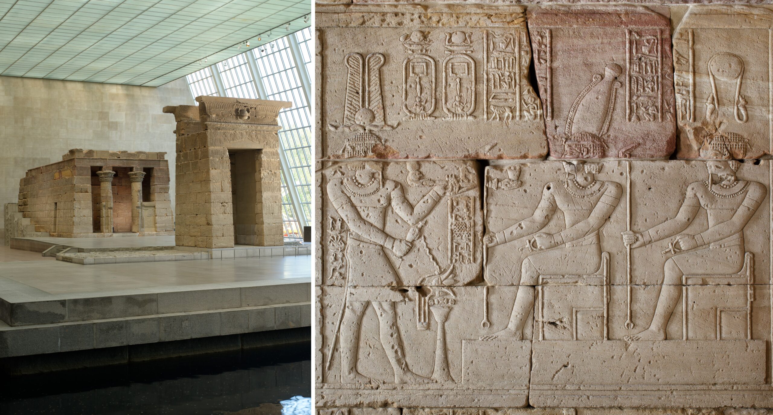 Left: The Temple of Dendur, from Egypt, Aeolian sandstone, 6.4 x 6.4 x 12.5 m; right: vignette on the interior south wall of the porch showing Augustus (left) burning incense and pouring a libation in front of the figures of Pedesi and Pihor (The Metropolitan Museum of Art, New York)