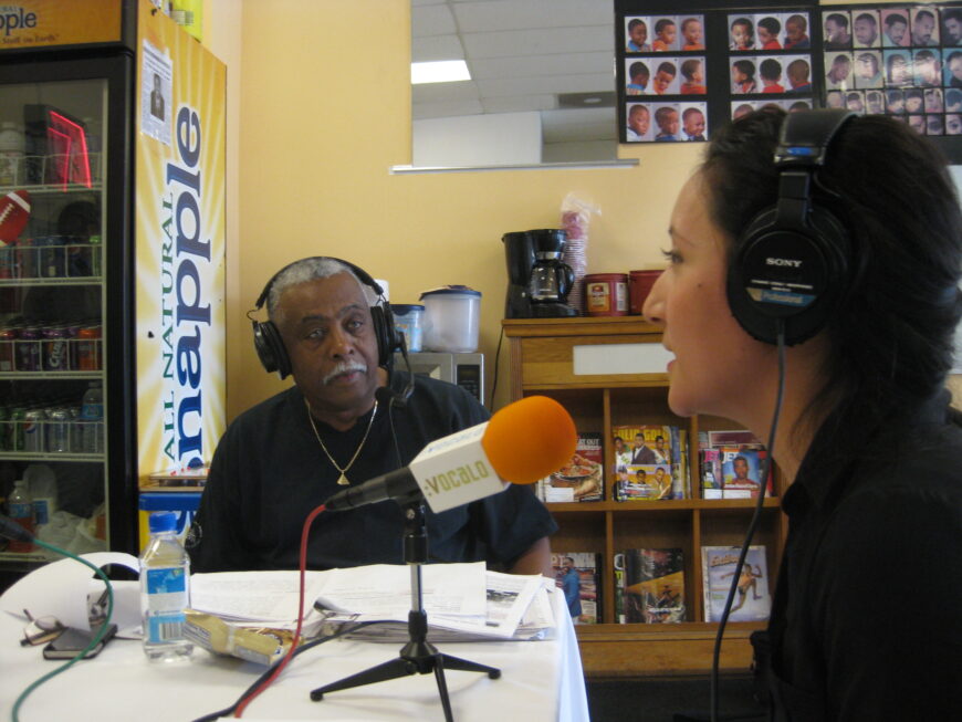 Maria Gaspar interviewed by Richard Steele on WBEZ’s “The Barbershop Show” (photo: courtesy of Maria Gaspar)