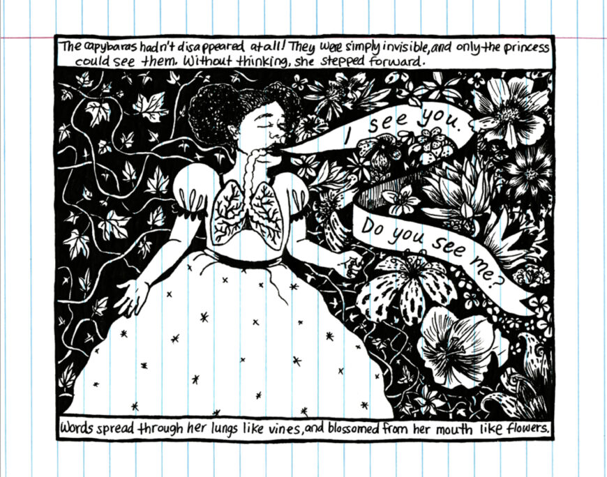 Bianca Diaz, The Princess Who Went Quiet (excerpt from book), with 96 Acres Project and Project NIA, children’s book, 2015, ink on paper, 8.5 x 11 inches (photo: courtesy of Bianca Diaz)