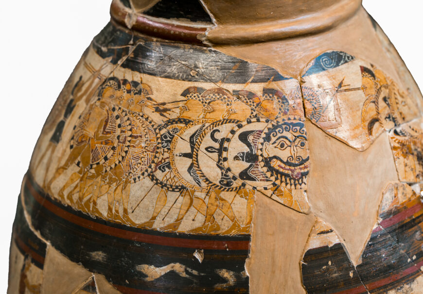 Hoplite battle (detail), The Chigi Painter, The Chigi Vase, c. 640 B.C.E., ceramic, 5.2 cm high (Villa Giulia, Rome; photo: ArchaiOptix, CC BY-SA 4.0)