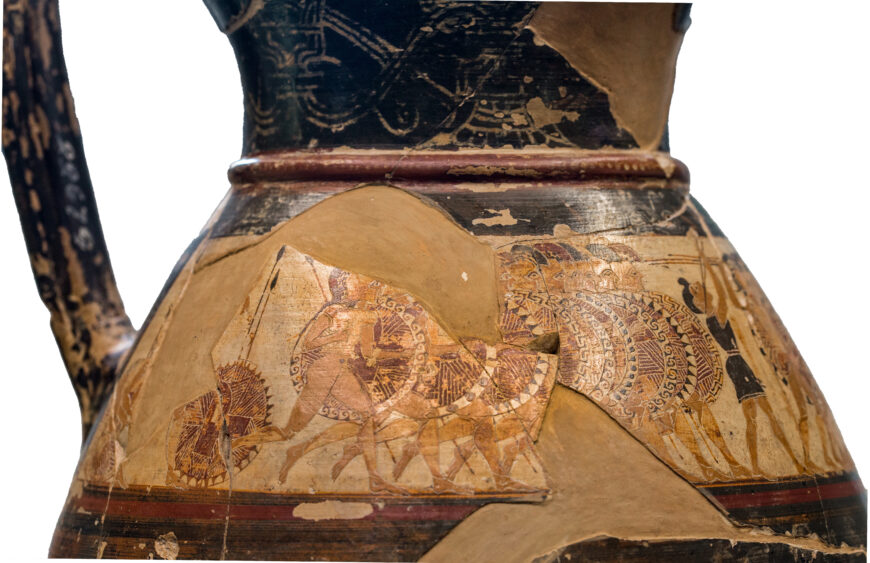 Hoplite battle (detail), The Chigi Painter, The Chigi Vase, c. 640 B.C.E., ceramic, 5.2 cm high (Villa Giulia, Rome; photo: ArchaiOptix, CC BY-SA 4.0)