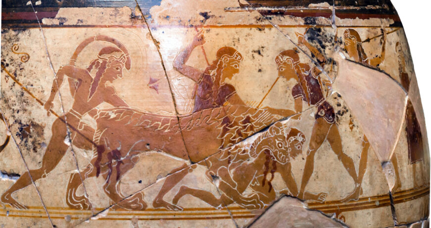 Lion hunt (detail), The Chigi Painter, The Chigi Vase, c. 640 B.C.E., ceramic, 4.6 cm high (Villa Giulia, Rome; photo: ArchaiOptix, CC BY-SA 4.0)