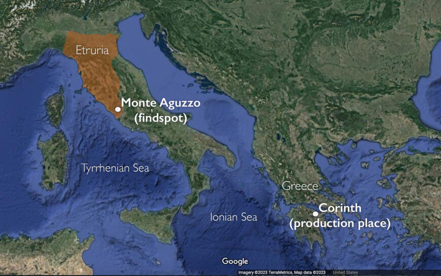 Map of the Mediterranean with the findspot and production place of the Chigi Vase, c. 650 B.C.E. (underlying map © Google)