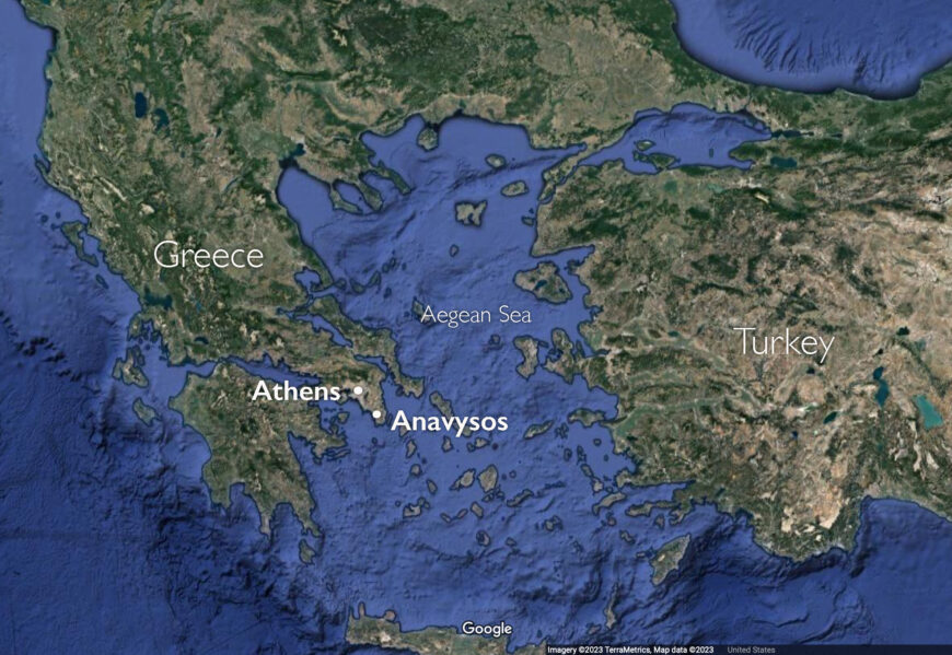 Map with the towns of Athens and Anavysos in Greece (underlying map © Google)