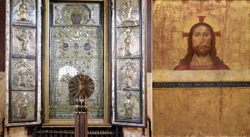 Left: Icon of Christ, known as the Uronica, Sancta Sanctorum, Saint John Lateran, Rome (photo: Sailko, CC BY 3.0); Antoniazzo Romano, Bust of Christ, c. 1495, tempera and gold on panel, 87 x 62 cm (Museo del Prado, Madrid)