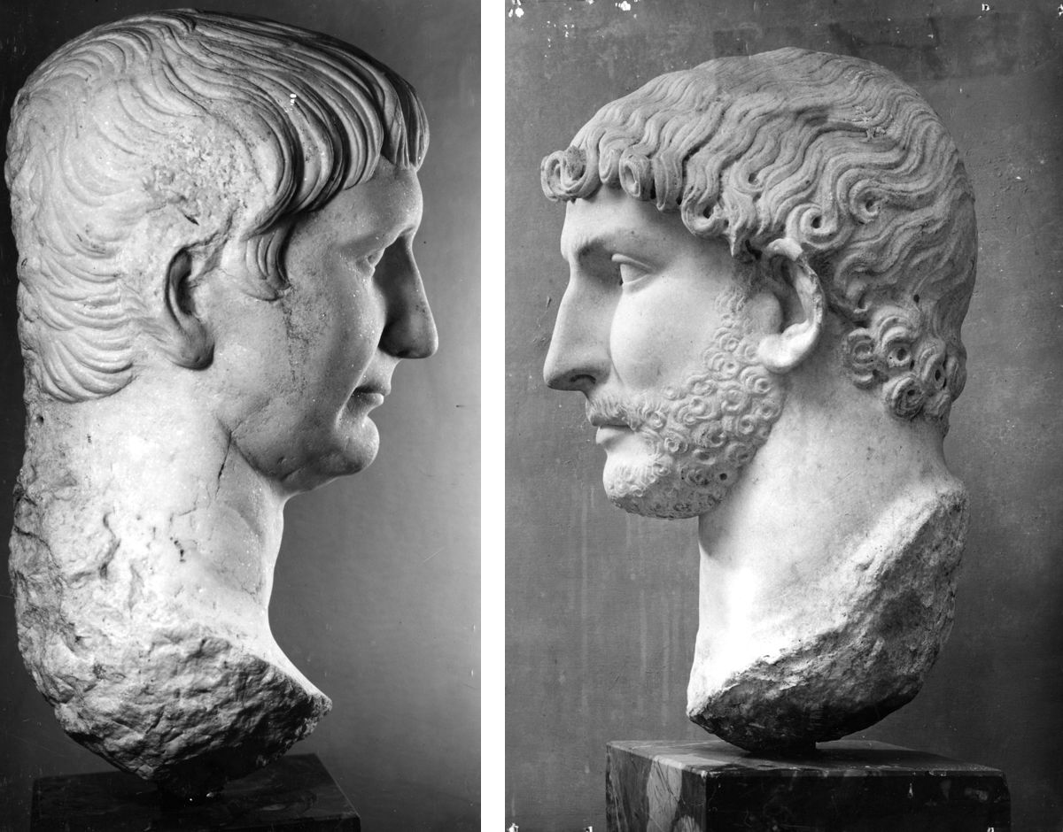 Left: Portrait of Trajan, c. 117 C.E., marble, 48 cm; right: Portrait of Hadrian, c. 117 C.E., marble, 54 cm (photos: Virtual Museum of Ostia, Museo Ostiense, Ostia, nos. 14 and 32). Both portraits were excavated in Ostia, Rome's port city