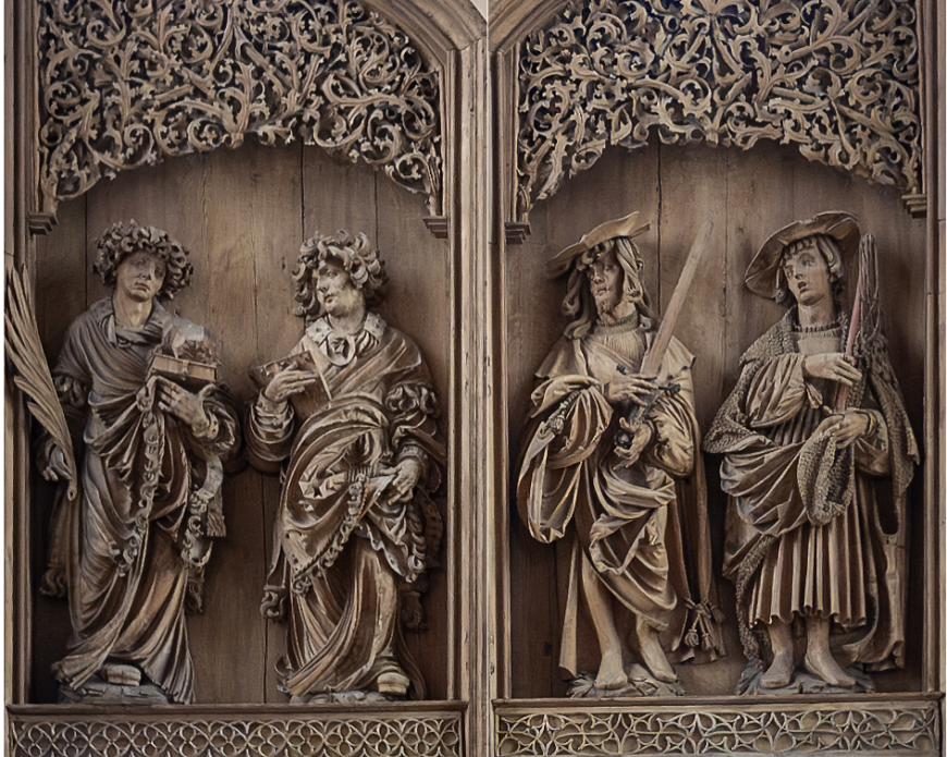 Left: Saints Stephan and Lawrence; right: Saints Protaseous and Gervasius, Master H.L., The Breisach Altarpiece, c. 1523–26, limewood (Saint Stephan's Cathedral, Breisach)