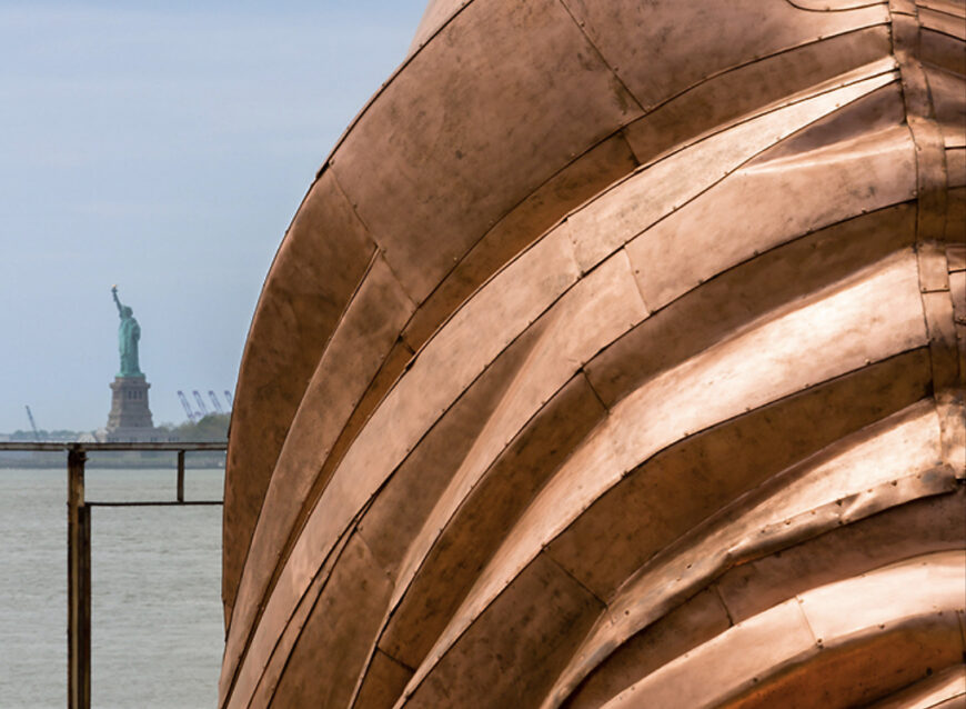 We the People with the Statue of Liberty visible in background (detail), Danh Vo, We the People, in Brooklyn Bridge Park, 2011–14, copper (courtesy of the artist, Galerie Chantal Crousel, Paris; photo: James Ewing courtesy Public Art Fund) © Danh Vo