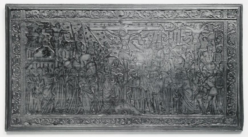 Crucifixion panel, wooden chest, second half of 15th century (Northern Italian), carved, stamped and punched cypress with ink drawing (The Metropolitan Museum of Art, New York)