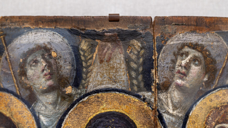 Hand of God (detail), Virgin (Theotokos) and Child between Saints Theodore and George, 6th or early 7th century, encaustic on wood, 68.5 x 49.5 cm (Saint Catherine's Monastery, Sinai, Egypt; photo: Steven Zucker, CC BY-NC-SA 2.0)