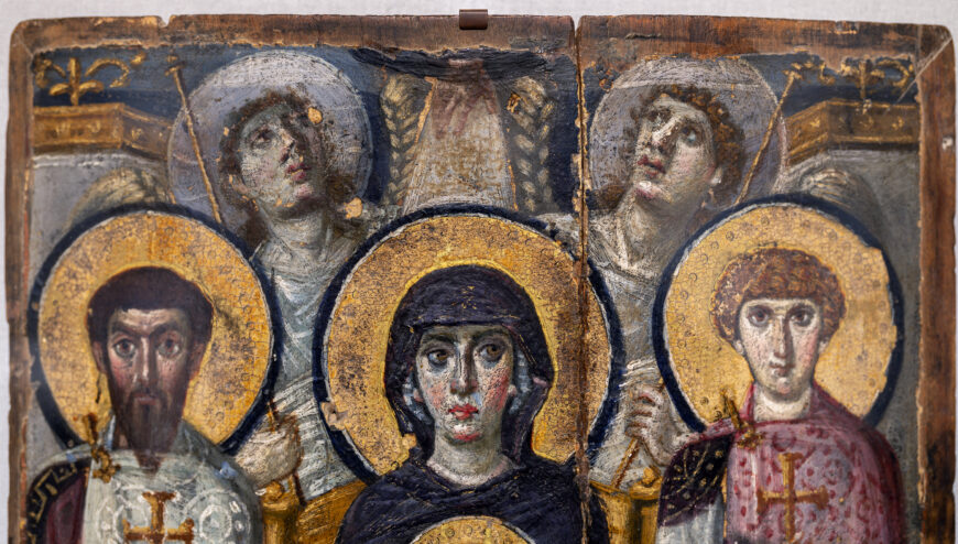 Virgin and child bottom middle, Saint Theodore (left) and Saint George (right), and two angels in the back, Virgin (Theotokos) and Child between Saints Theodore and George, 6th or early 7th century, encaustic on wood, 68.5 x 49.5 cm (Saint Catherine's Monastery, Sinai, Egypt; photo: Steven Zucker, CC BY-NC-SA 2.0)