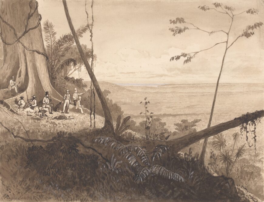 Michel-Jean Cazabon, Cedar Point, Mount Tamana, 1851, pen and brown ink, brown wash, graphite, and white gouache on medium, slightly textured, beige wove paper, 21.6 x 27.9 cm (Yale Center for British Art, Paul Mellon Collection, New Haven)