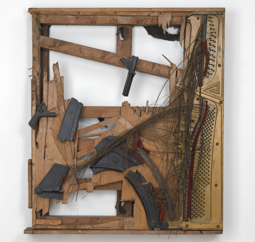 Raphael Montañez Ortiz, Duncan Terrace Piano Destruction Concert: The Landesmans’ Homage to “Spring can really hang you up the most,” 1966, wood, metal, paint, felt, textile, and nails, 142 x 124.5 x 28 cm (Tate Britain, London; photo © Tate) © Raphael Montañez Ortiz