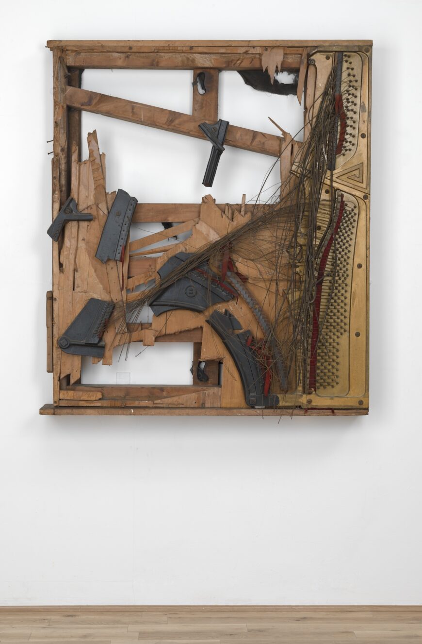 Raphael Montañez Ortiz, Duncan Terrace Piano Destruction Concert: The Landesmans’ Homage to “Spring can really hang you up the most,” 1966, wood, metal, paint, felt, textile, and nails, 142 x 124.5 x 28 cm (Tate Britain, London; photo © Tate) © Raphael Montañez Ortiz