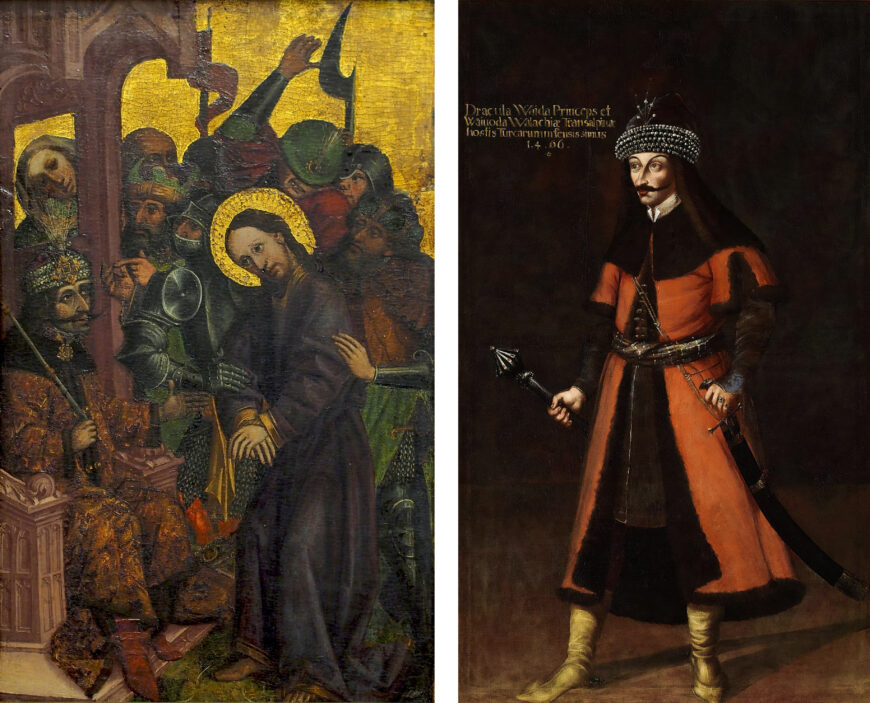 Left: Christ before Pontius Pilate (in the guise of Vlad Dracula), mid-15th century, tempera on wood, 83.5 x 51.5 cm (National Gallery of Slovenia, Ljubljana); right: Portrait of Vlad III Dracula, c. 1700, oil on canvas, 218 x 130 cm (Forchtenstein Castle, Austria)