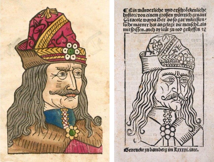 Left: Portrait of Vlad III in Dracole Wayda, c. 1488, colored woodcut from a pamphlet printed in Nuremberg (Bayerische Staatsbibliothek, Munich); right: Portrait of Vlad III in Dracole Wayda, c. 1491, woodcut from a pamphlet printed in Bamberg (British Library, London)