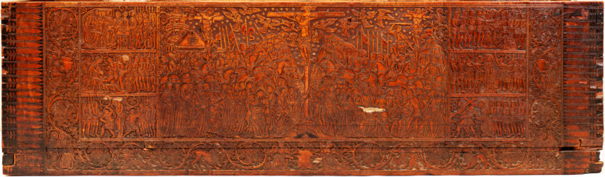 Front panel, wooden chest, c. 1450 (likely of Italian origin), carved, stamped, and punched cypress with ink drawing (Putna Monastery, Romania)