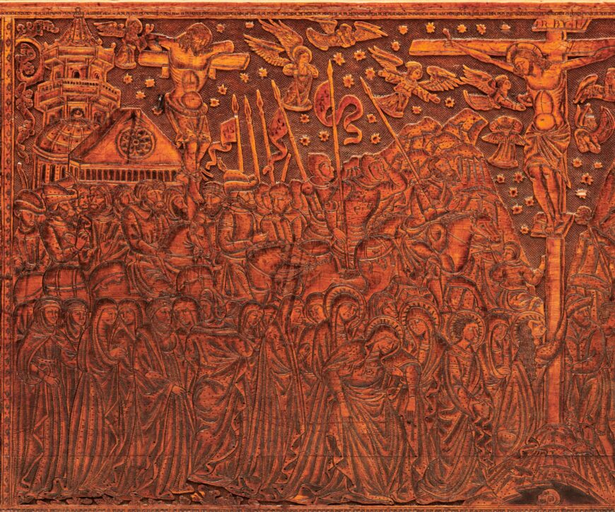 Crucifixion scene, front panel (detail), wooden chest, c. 1450 (likely of Italian origin), carved, stamped, and punched cypress with ink drawing (Putna Monastery, Romania)