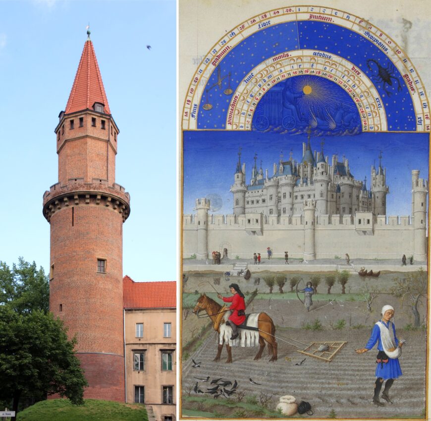 Left: Tower, Ducal Castle, Legnica, Poland (photo: Jakub Adamski, CC BY-NC-SA 4.0); right: The Louvre (Paris) as it appeared in the illumination for the month of October, Très Riches Heures du duc de Berry, painting on vellum, c. 1412–16, (Condé Museum, Chantilly)