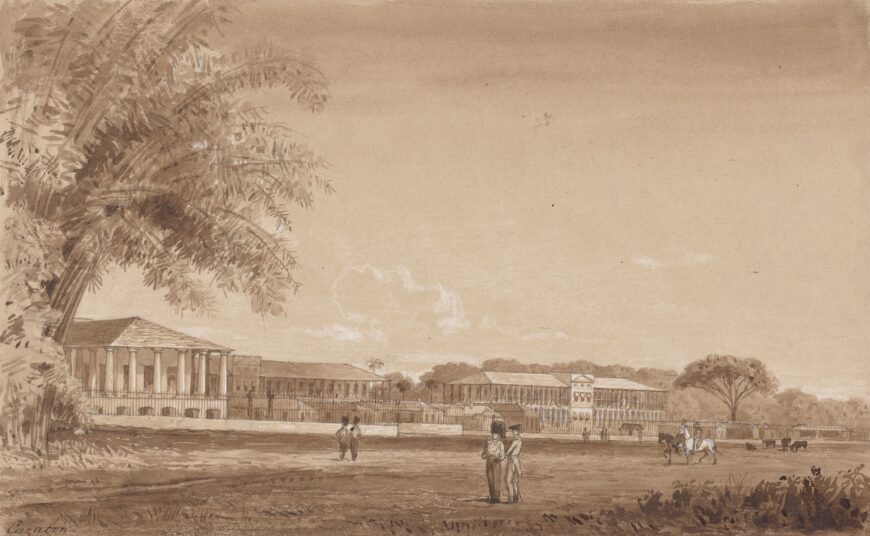 Michel-Jean Cazabon, St. James Barracks, 1851, pen and brown ink, brown wash, graphite, and white gouache on medium, slightly textured, beige wove paper, 19.1 x 30.5 cm (Yale Center for British Art, Paul Mellon Collection, New Haven)