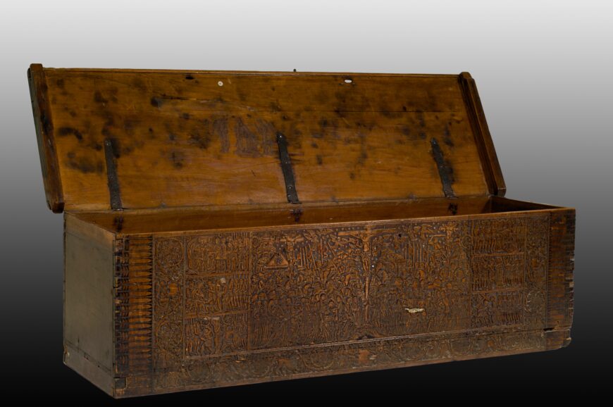 Wooden chest, c. 1450 (likely of Italian origin), carved, stamped, and punched cypress with ink drawing (Putna Monastery, Romania)