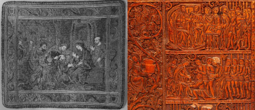 Left: Embroidered textile, The Adoration of the Magi, early 16th century (Italy), silk and metal-wrapped thread on linen (The Metropolitan Museum of Art, New York); right: front panel (detail), wooden chest, c. 1450 (likely of Italian origin), carved, stamped, and punched cypress with ink drawing (Putna Monastery, Romania)