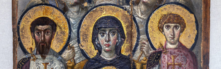 Virgin (center), Saints Theodore and George (left and right), Virgin (Theotokos) and Child between Saints Theodore and George, 6th or early 7th century, encaustic on wood, 68.5 x 49.5 cm (Saint Catherine's Monastery, Sinai, Egypt; photo: Steven Zucker, CC BY-NC-SA 2.0)