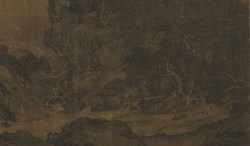 Gnarled pine trees and two men driving a group of donkeys (detail), Fan Kuan, Travelers by Streams and Mountains, c. 1000, ink on silk hanging scroll, 206.3 x 103.3 cm (National Palace Museum, Taipei)