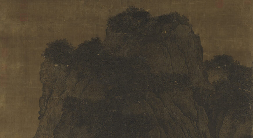 Central peak (detail), Fan Kuan, Travelers by Streams and Mountains, c. 1000, ink on silk hanging scroll, 206.3 x 103.3 cm (National Palace Museum, Taipei)
