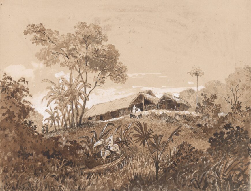 Michel-Jean Cazabon, The Cottage, Mount Tamana, 1851, pen and brown ink, brown wash, graphite, and white gouache with scratching out on medium, slightly textured, beige wove paper, 21.3 x 27.6 cm (Yale Center for British Art, Paul Mellon Collection, New Haven)