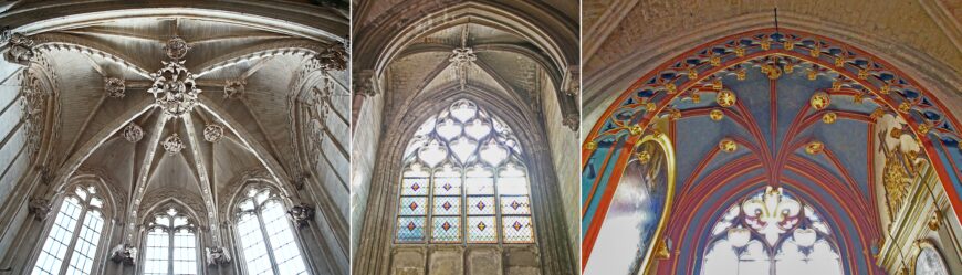 Left: Avignon, Church of the Celestines, choir vault, 1396–1402; center: Saint-Denis, Abbey Church, window tracery and vault of the burial chapel of Charles VI, before 1422; Bourges Cathedral, Chapel of Jacques Cœur, c. 1445–51 (photos: Jakub Adamski)