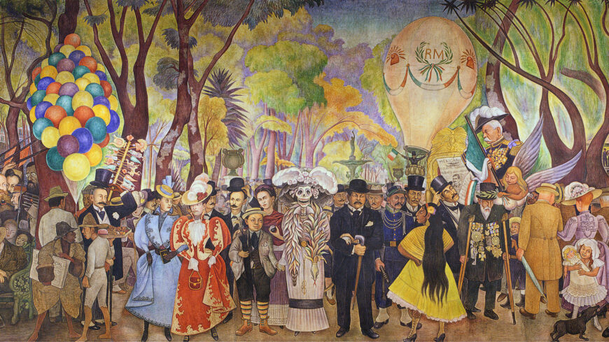 Central figures (detail), Diego Rivera, Dream of a Sunday Afternoon in Alameda Park, 1947, fresco, 4.8 x 15 m (Museo Mural Diego Rivera, Mexico City)