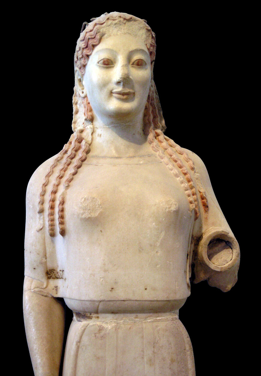 Head and torso (detail), Peplos Kore, c. 530 B.C.E., marble (Acropolis Museum, Athens; photo: Marsyas, CC BY-SA 2.5)