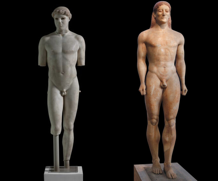 Left: Kritios Boy, c. 480–470 B.C.E., marble, 4 feet high (Acropolis Museum, Athens); right: Anavysos Kouros, c. 530 B.C.E., marble, 6 feet 4 inches high (National Archaeological Museum, Athens; photo: Steven Zucker, CC BY-NC-SA 2.0)