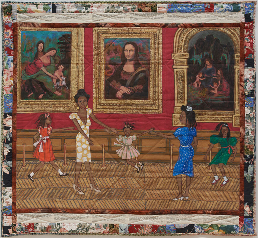 Faith Ringgold, Dancing at the Louvre, 1991, acrylic on canvas, tie-dyed, pieced fabric border, 73.5 x 80 inches, from the series, The French Collection, part 1; #1 (Gund Gallery, Kenyon College, Gambier) © Faith Ringgold