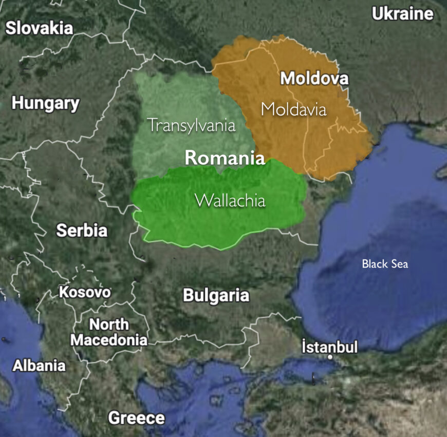Romania, with historical regions (underlying map © Google)