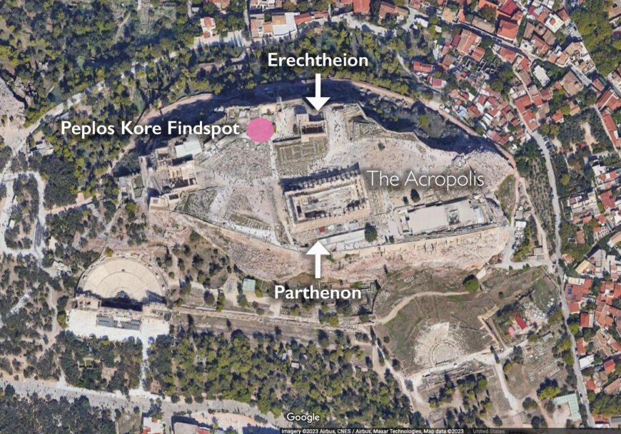 Acropolis, Athens with the findspot of the Peplos Kore, the Erechtheion, and the Parthenon (underlying map © Google)