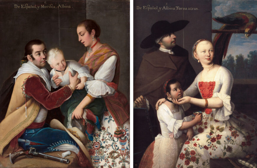 Left: Miguel Cabrera, 6. From Spaniard and Morisca, Albino Girl (6. De español y morisca, albina), 1763, oil on canvas, 131.1 x 105.1 cm (Los Angeles County Museum of Art); right: Miguel Cabrera, 7. From Spaniard and Albino, Return-Backwards (7. De español y albino, torna atrás), 1763, oil on canvas, 132 x 101 cm (private collection, Mexico)